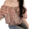 Buy Summer Cotton New Women Off Shoulder Sweet Plaid Crop Tops Cool Streetwear Loose Breathable Mori Girl Style Shirts Blouses online shopping cheap