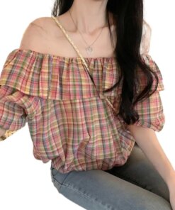 Summer Cotton New Women Off Shoulder Sweet Plaid Crop Tops Cool Streetwear Loose Breathable Mori Girl Style Shirts Blouses