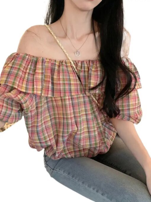 Buy Summer Cotton New Women Off Shoulder Sweet Plaid Crop Tops Cool Streetwear Loose Breathable Mori Girl Style Shirts Blouses online shopping cheap