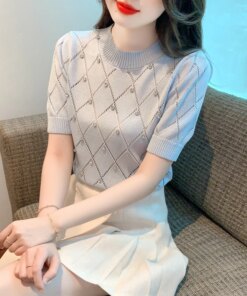 Summer High Quality Knitted T-Shirt Vintage Argyle Hollow Out Diamonds Women Tops Short Sleeve New 2023 Slim Tees 32986