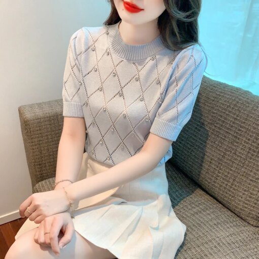 Buy Summer High Quality Knitted T-Shirt Vintage Argyle Hollow Out Diamonds Women Tops Short Sleeve New 2023 Slim Tees 32986 online shopping cheap