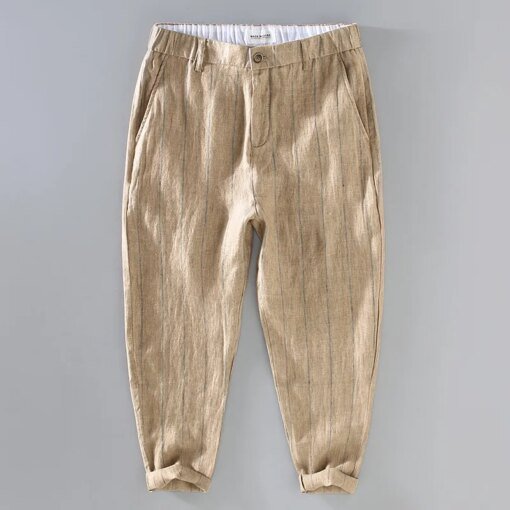 Buy Summer Linen 100% Men Zipper Button Striped Straight Thin Loose Casual Pants Pocket Joggers Trousers Sweatpants Streetwear online shopping cheap