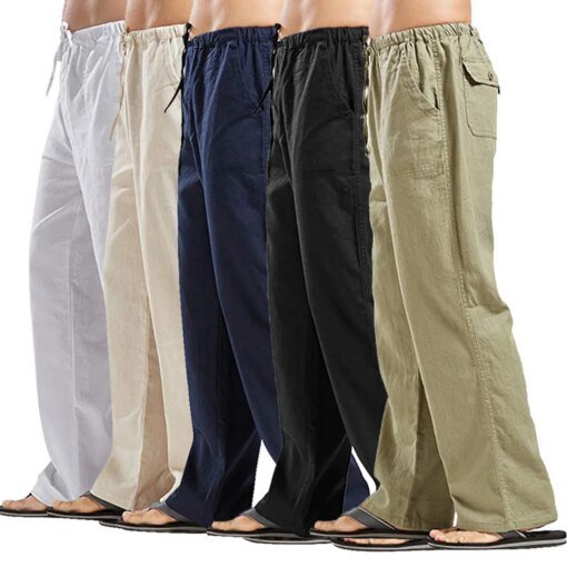 Buy Summer Men's Cotton Linen Trousers 2023 Summer Wide Leg Pants M-XXXL Casual Male Solid Elastic Waist Straight Loose Pants online shopping cheap