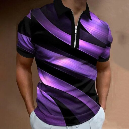 Buy Summer Men's New Spiral Stripe 3D Printed Men's Casual Vintage Short Sleeve Zipper POLO Shirt Fashion Sport Tops online shopping cheap