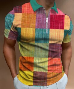Summer Men’s Vintage Zip Polo Shirt Plaid 3D Print Shirt Short-Sleeved Tops High Quality Casual T-Shirt Slim Streetwear Polo