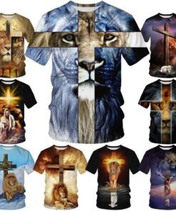 Summer New Cross Lion Pattern 3D Printing Fashion Men and Women Christian T-shirt Oversize Clothing