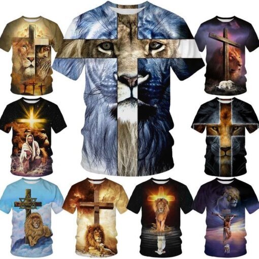 Buy Summer New Cross Lion Pattern 3D Printing Fashion Men and Women Christian T-shirt Oversize Clothing online shopping cheap