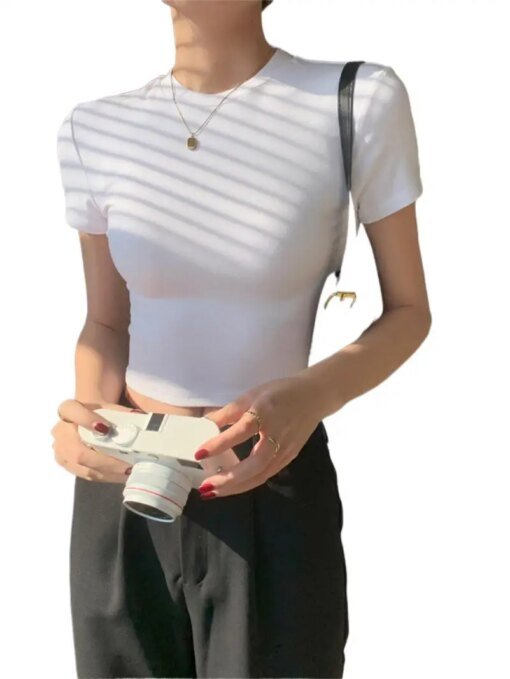 Buy Summer New Knitted Cotton Round Neck Crop Tops Sheathy Short Sleeve Hotsweet Casual Basics Thin Undershirts Party Blouses online shopping cheap