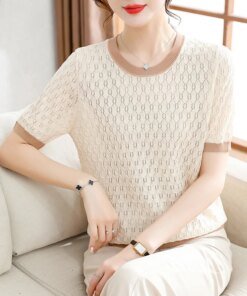 Summer O Neck Short Sleeve Ice Silk T-shirts Women Fashion Tops Casual Knitted T Shirt Solid Hollow Office Ladies Knit Tee 27861