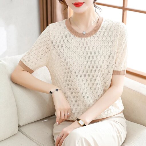 Buy Summer O Neck Short Sleeve Ice Silk T-shirts Women Fashion Tops Casual Knitted T Shirt Solid Hollow Office Ladies Knit Tee 27861 online shopping cheap