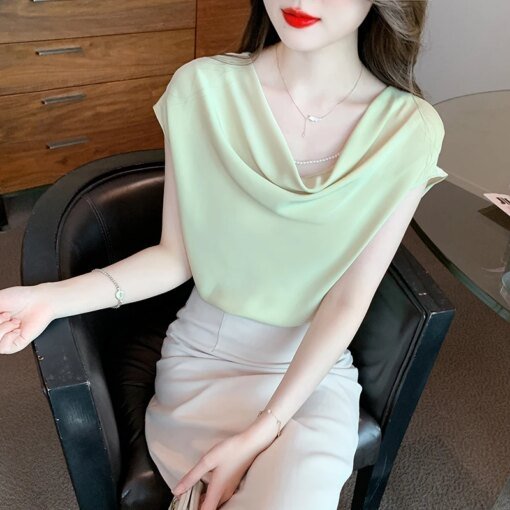 Buy Summer Office Lady Short Sleeve Tops French Style Elegant Pile Collar Blouse Korean Chic Shirt for Women Loose Clothes 26995 online shopping cheap