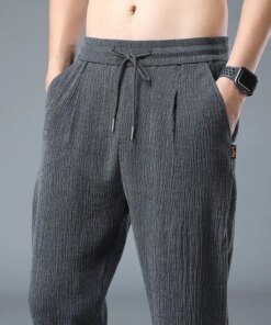 Summer Thin Elastic Casual Pants Men Solid Pleated Ice Silk Strap High Waist Drawstring Pocket Loose Straight Trousers 2023 New