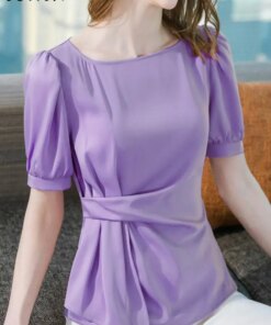Summer Tops Women Blouses VONDA Elegant 2023 Casual Waist Pleated Solid Color Shirts Fashion Short Sleeve Tunic Shirts Blusas