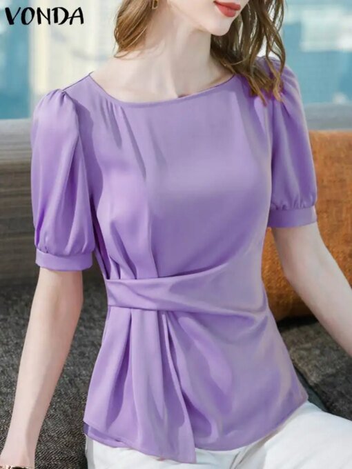 Buy Summer Tops Women Blouses VONDA Elegant 2023 Casual Waist Pleated Solid Color Shirts Fashion Short Sleeve Tunic Shirts Blusas online shopping cheap