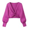 Buy Summer V-neck Lantern Sleeve Slim Shirt Sexy Women's Cropped Top Fashion Knotted Silk Satin Women's Textured Tops online shopping cheap