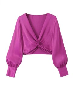 Summer V-neck Lantern Sleeve Slim Shirt Sexy Women’s Cropped Top Fashion Knotted Silk Satin Women’s Textured Tops