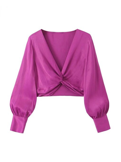 Buy Summer V-neck Lantern Sleeve Slim Shirt Sexy Women's Cropped Top Fashion Knotted Silk Satin Women's Textured Tops online shopping cheap