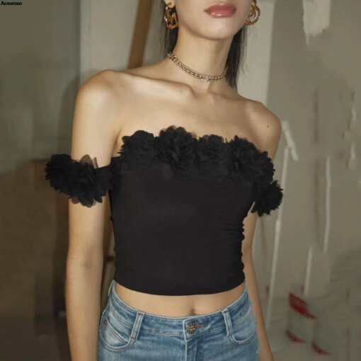 Buy Summer new women's fashion casual temperament senior floral decoration line shoulder French sexy waist top online shopping cheap