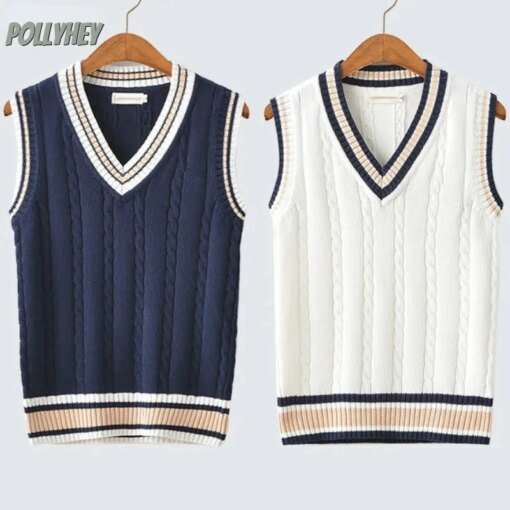 Buy Sweater Vest Men Thicken V-neck Sleeveless Knitted Sweaters Vests Striped Retro Preppy-style Simple Chic Loose Casual All-match online shopping cheap