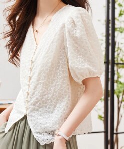 Sweet Hollow out Embroidery Blouse V-Neck Lace Top 2023 Summer New Fashion Bubble Short Sleeve Hollow Out Shirt