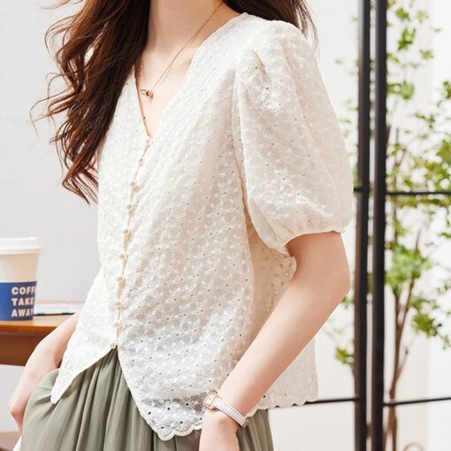 Buy Sweet Hollow out Embroidery Blouse V-Neck Lace Top 2023 Summer New Fashion Bubble Short Sleeve Hollow Out Shirt online shopping cheap