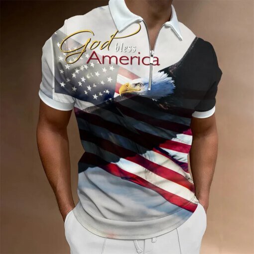 Buy T-shirts Men Clothes Polo Shirts Street American Flag Print Casual Short Sleeve Tops Shirt New Turn-down Collar Zipper Clothing online shopping cheap