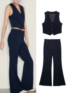 TRAF 2023 Solid Vest Pant 2 pieces Suits for Women Elegant Classic Autumn Single Breasted Vest+Zipper Flare Pants Casual Sets