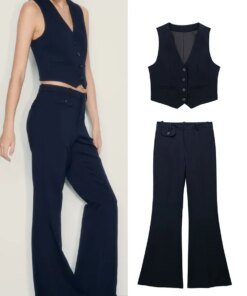 Buy TRAF 2023 Solid Vest Pant 2 pieces Suits for Women Elegant Classic Autumn Single Breasted Vest+Zipper Flare Pants Casual Sets online shopping cheap