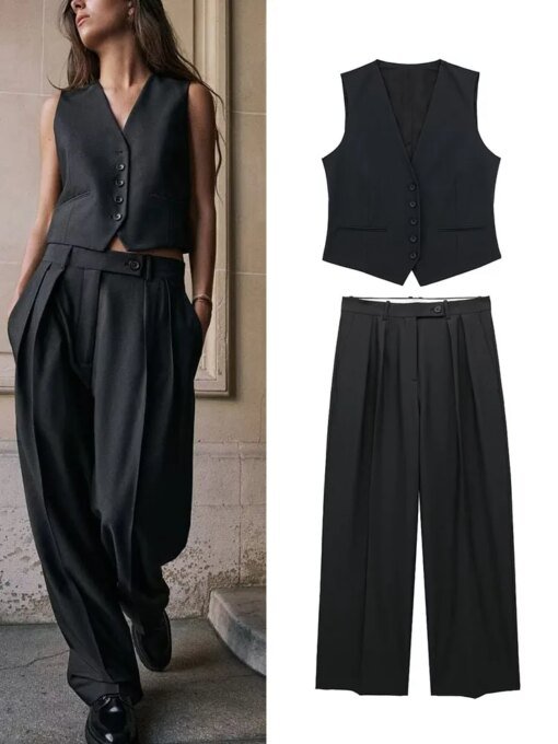 Buy TRAF Vintage Women's Solid Vest Folds Pant Sets Lady Classic V-neck Single Breasted Vest Tops Zipper Pockets Wide Leg Pants online shopping cheap