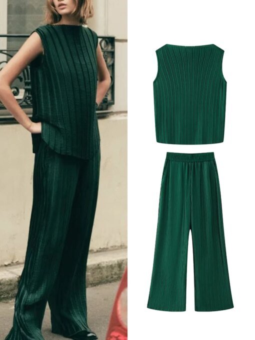 Buy TRAF Women Casual Suits Two Piece Outfits Office Lady Sleeveless Pleated Shirt Suits Pleated Long Pants Spring Fashion Sets online shopping cheap