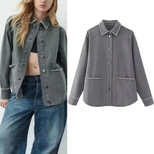 Buy TRAF Women Gray Oversized Rhinestone Overshirt Chic Lapel Collar Long Sleeves Tops Female Pockets Front Button Up Coats Commuter online shopping cheap