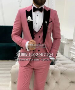 Tailor-Made Pink Men Suits Slim Fit Black Lapel Jacket+Vest+Pants Costume Homme 3 Pièces Formal Wedding Tuxedo Groom Wear Blazer