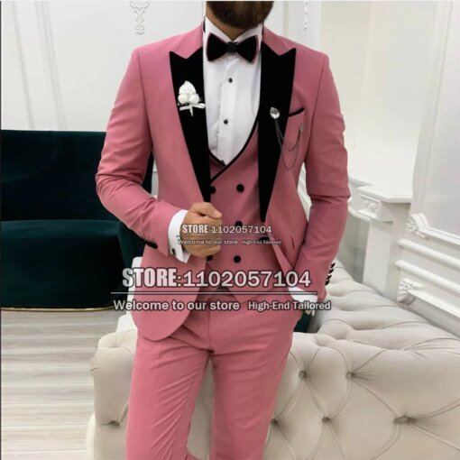 Buy Tailor-Made Pink Men Suits Slim Fit Black Lapel Jacket+Vest+Pants Costume Homme 3 Pièces Formal Wedding Tuxedo Groom Wear Blazer online shopping cheap