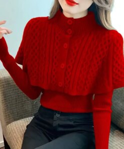 Temperament Sweet Women’s Clothing Office Lady Simplicity Elegant Vintage Fashion Slim Solid Color Buttons Patchwork Sweaters