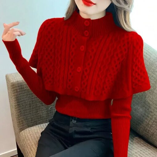Buy Temperament Sweet Women's Clothing Office Lady Simplicity Elegant Vintage Fashion Slim Solid Color Buttons Patchwork Sweaters online shopping cheap