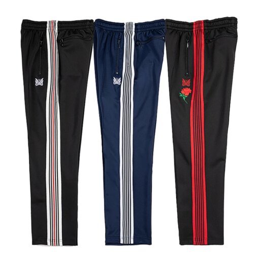 Buy Top Version Stripes Needles Pants Men Women Poly Smooth Awge Track Pants Butterfly Embroidery Logo Trouser Hip Hop Pant online shopping cheap