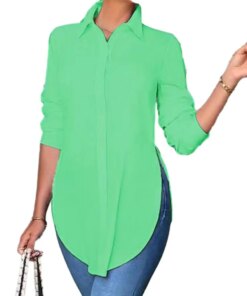 Top Women Shirt Lapel Long Sleeve Shirt Tops Side Split Asymmetrical Hem Solid Color Single Breasted Casual Tunic Shirt Workwear