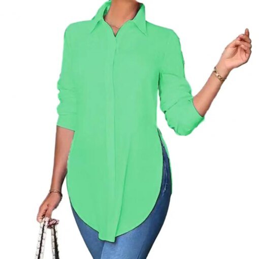 Buy Top Women Shirt Lapel Long Sleeve Shirt Tops Side Split Asymmetrical Hem Solid Color Single Breasted Casual Tunic Shirt Workwear online shopping cheap
