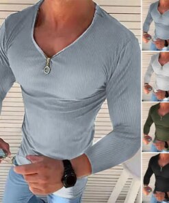 Trendy Men T-shirt Comfy Pullover Top V Neck Slim Fit Zipper T-shirt Top Dressing