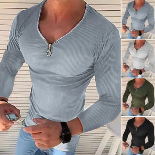 Buy Trendy Men T-shirt Comfy Pullover Top V Neck Slim Fit Zipper T-shirt Top Dressing online shopping cheap
