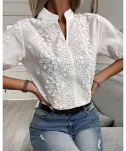 Unique Hollowed Out Embroidery White Top Cotton Shirt Flower Pattern Decoration V-neck Casual Lace Half Sleeve Women’s