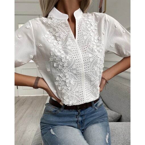 Buy Unique Hollowed Out Embroidery White Top Cotton Shirt Flower Pattern Decoration V-neck Casual Lace Half Sleeve Women's online shopping cheap