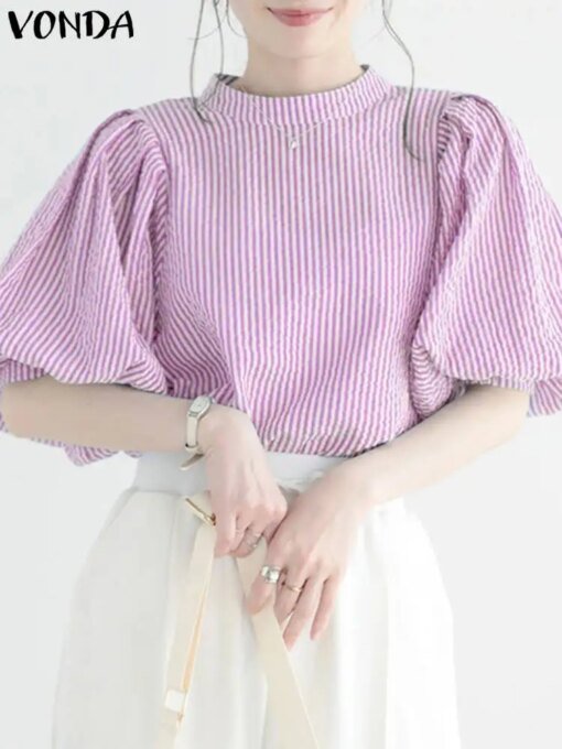 Buy VONDA Elegant Blouses 2023 Summer Shirts Women Striped Tops Casual Loose Puff Sleeve Stand Collar Bohemian Fashion Blusas Femme online shopping cheap