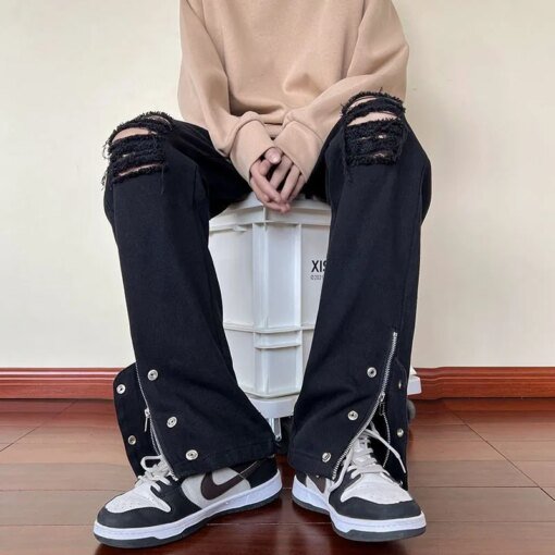 Buy Vintage American Style Distressed Jeans with Spring and Autumn High Street Design Zippered Straight Leg Pants Floor Long Pants online shopping cheap