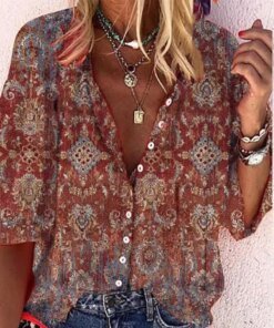 Vintage Printing Women Shirt Stand Collar Three-quarter Sleeve Single Breasted Top Causal Loose Fashion Summer Shirt Female Chic