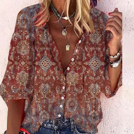 Buy Vintage Printing Women Shirt Stand Collar Three-quarter Sleeve Single Breasted Top Causal Loose Fashion Summer Shirt Female Chic online shopping cheap