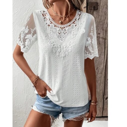 Buy Vintage Short Sleeve White Summer Blouses Women 2023 Embroidery Hollow Casual Lace Shirt Woman Solid Fashion Women Tops 28304 online shopping cheap