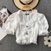 Buy Vintage Style Design Sense Bubble Short Sleeve Lace Splicing Pullover Shirt Slim Short Top online shopping cheap