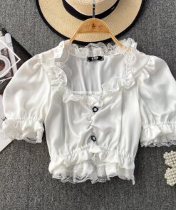 Vintage Style Design Sense Bubble Short Sleeve Lace Splicing Pullover Shirt Slim Short Top