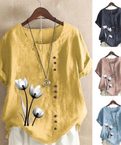 Vintage T-shirt Vintage Style Flower Print Women’s Summer T-shirt Short Sleeve Round Neck Pullover with Button Decor Stylish